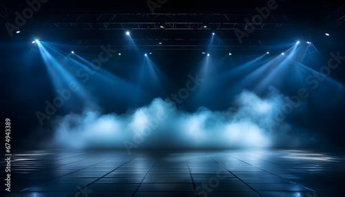 Illuminated Stage with blue lighting and a smoke effect. Empty stage with blue lighting and a black background © mica