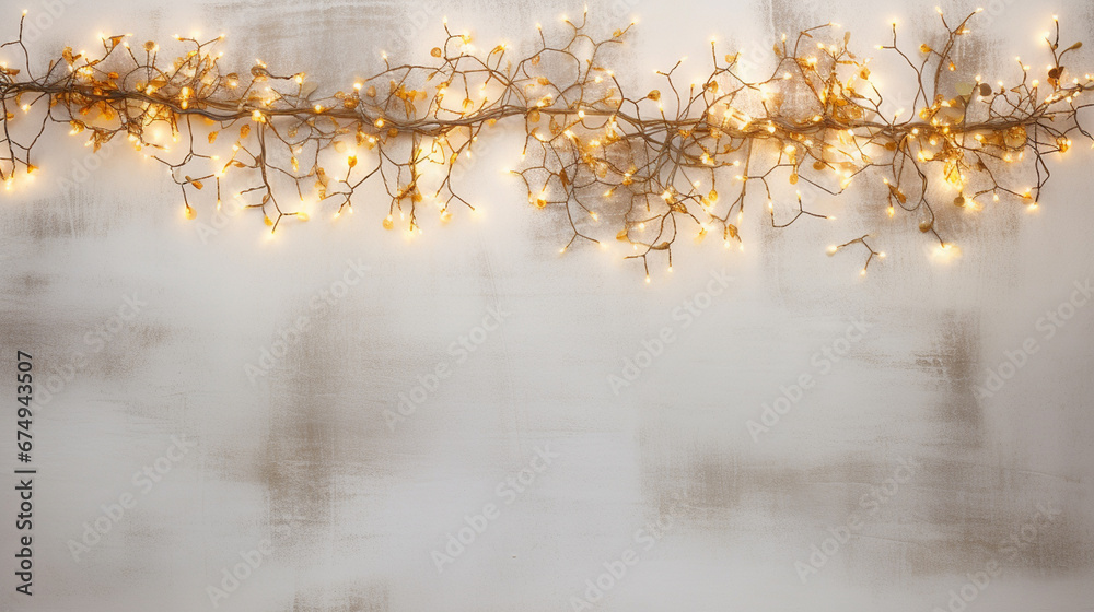Overhead Flat Lay View of Branched, Golden Christmas Garland on Bright White Background with Vintage Texture and Copy Space - Twinkle Lights on Twigs and Gold Holiday Glow - Xmas Decorations