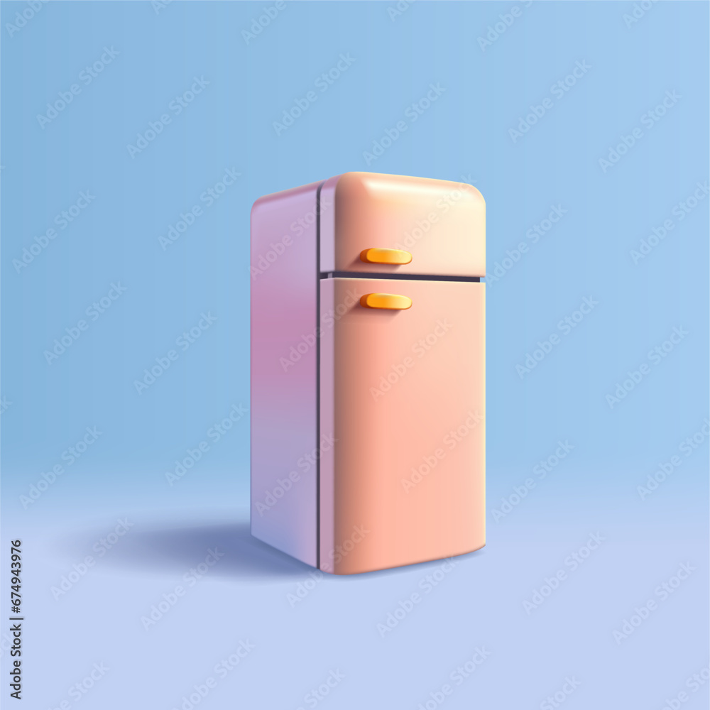 Realistic home 3D refrigerator. Realistic retro image of an electrical appliance for storing food. For the concept of home cooking, freshness, and preservation. Realistic home 3D refrigerator. Realistic retro image of an electrical appliance for storing food. For the concept of home cooking, freshness, and preservation.