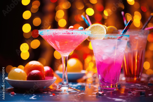 Set of pink and purple festive cocktails on the table, christmas lights and tree on background