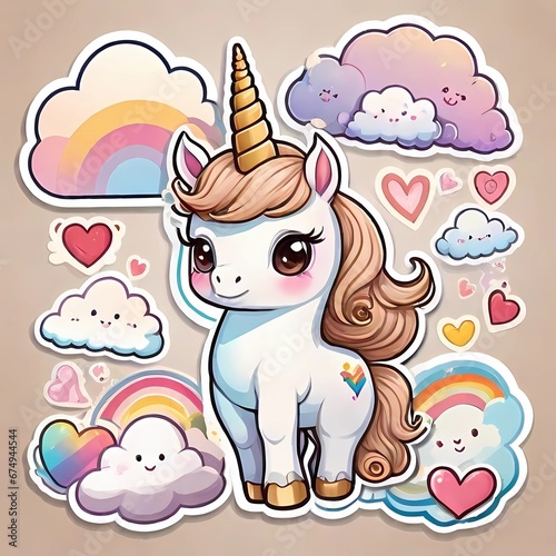 Cute cartoon unicorn on a cloud with hearts. Vector illustration. Sticker children's horse bright an