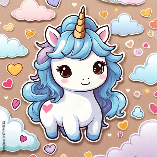 Cute cartoon unicorn on a cloud with hearts. Vector illustration. Sticker children's horse bright an