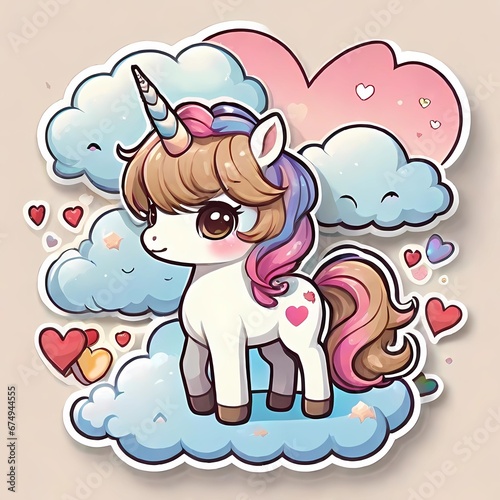 Cute cartoon unicorn on the cloud with hearts. Vector illustration.