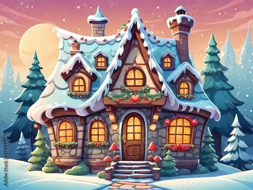 Cartoon house in the forest. Christmas and New Year illustration.