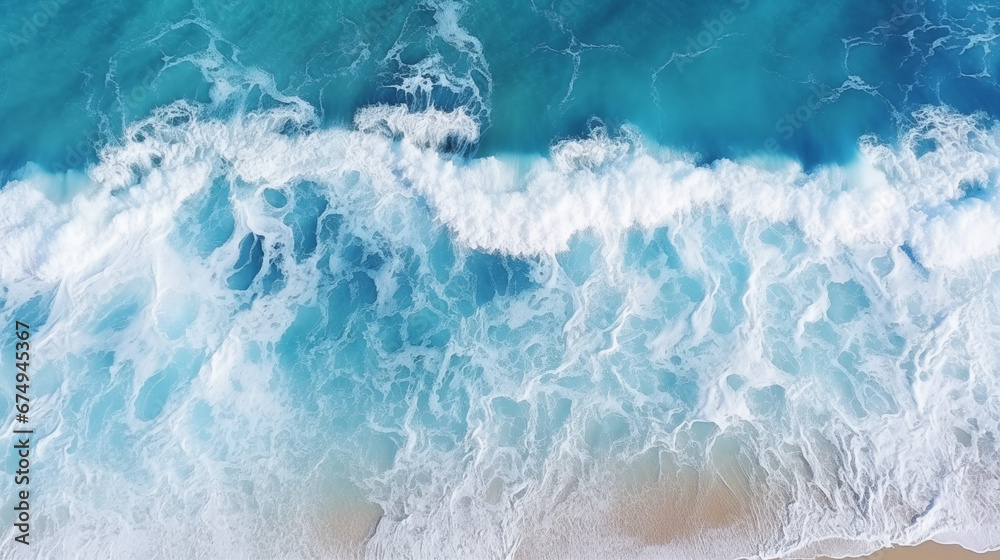 Aerial Top View Ocean Sea Water Background with White Wave Splashing.
