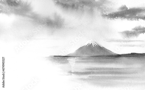 富士山と湖の水墨画　墨絵
