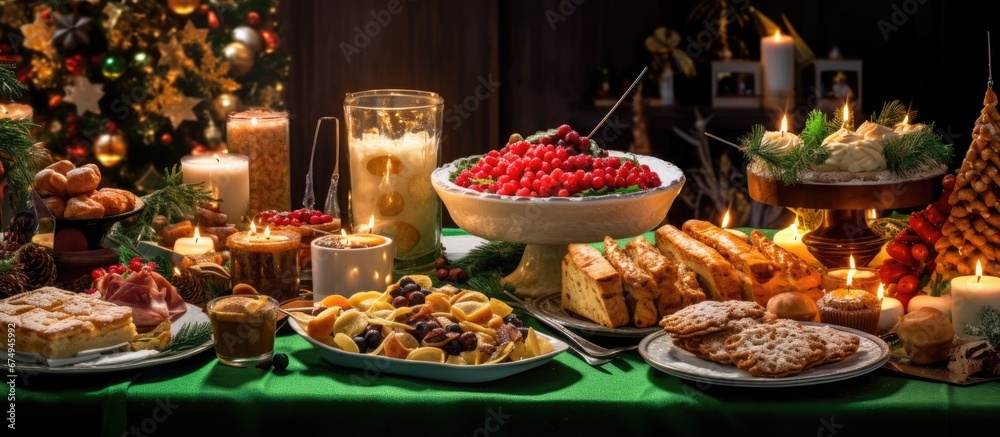 The background of the Christmas party was beautifully decorated with a festive wood table adorned in white and green creating a joyful celebration atmosphere Delicious food options such as c
