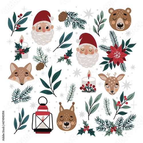Vector Christmas illustration with Santa Claus, deer, fox, squirrel, bear and branches, lantern and snowflakes in flat style. Can be used for cards, posters, printing on fabric, paper and more