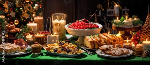 The background of the Christmas party was beautifully decorated with a festive wood table adorned in white and green creating a joyful celebration atmosphere Delicious food options such as c