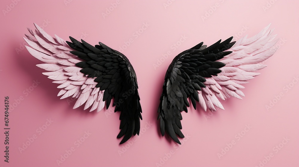 Fototapeta premium black and white angel wings isolated on a pink background. black and white wings. 