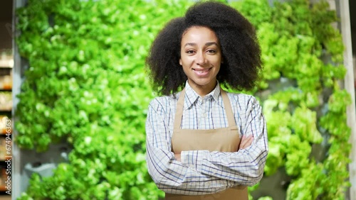 Portrait of african american woman greengrocer shopping in a market or supermarket grocery store looking at camera. Female farmer, seller or small business owner a vegetable department worker in apron photo