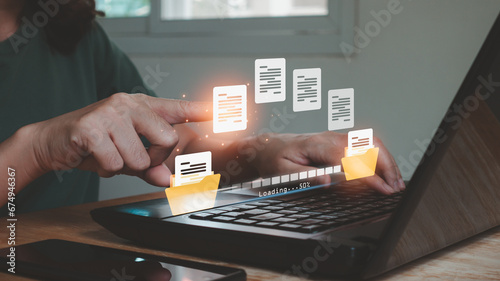 Data Transfer concept. Hand touch on documents for migration on cloud hosting internet by FTP Protocol technology. Virtual transmission syncs between folders, Business people file sharing isometric. photo