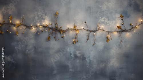 Overhead Flat Lay View of Branched, Golden Christmas Garland on Bright Silver and Gray Background with Vintage Texture and Copy Space - Twinkle Lights on Twigs and Gold Holiday Glow - Xmas Decorations © AnArtificialWonder