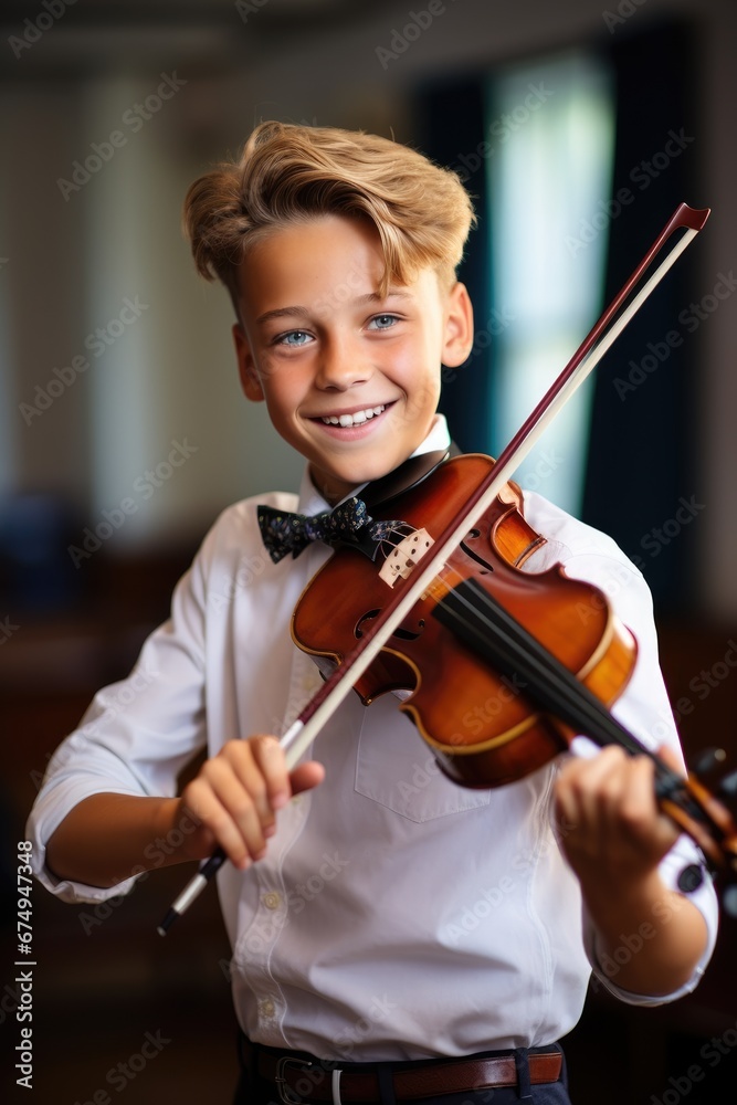A smiling school boy playing violin in classroom at school A smiling school boy playing violin in classroom at school
