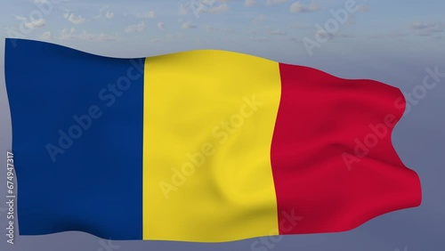 Loop der Romania Fahne wehend im Wind als Nahaufnahme 4K