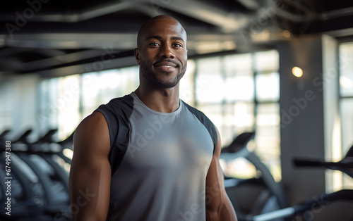 Happy handsome young black man in a gym.