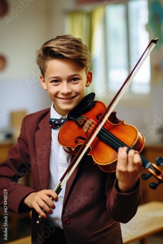 A smiling school boy playing violin in classroom at school