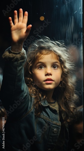 A little girl waving her hand in front of a window