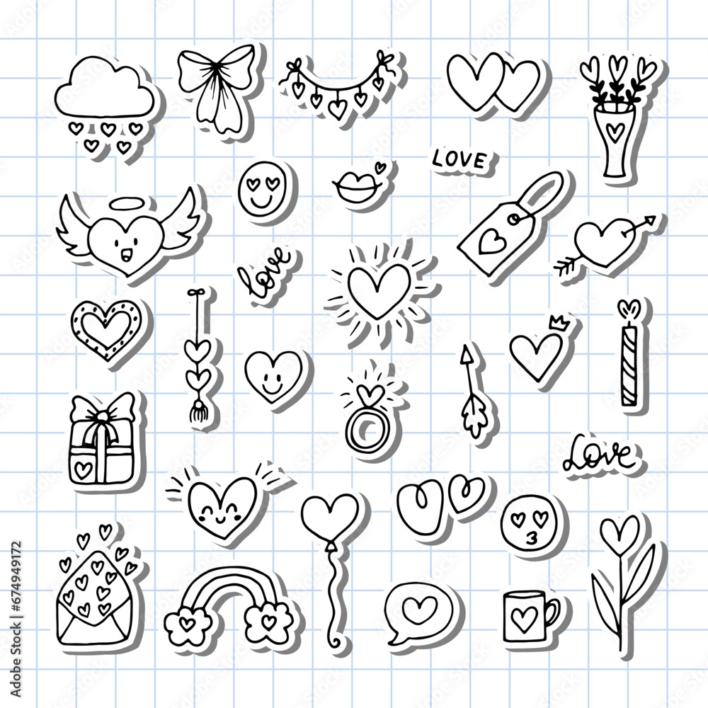 Collection of romantic objects and symbols. Stickers. Love, wedding, date, Valentine. Hand drawn, doodle, sketch style line Collection of romantic objects and symbols. Stickers. Love, wedding, date, Valentine. Hand drawn, doodle, sketch style line