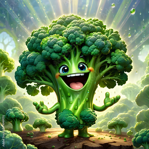 Joyful Broccoli character with a vibrant smile and sparkling eyes, set in a sunny, dew-kissed garden scene