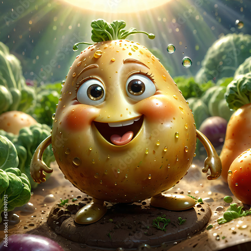 Joyful Potato character with a vibrant smile and sparkling eyes, set in a sunny, dew-kissed garden scene