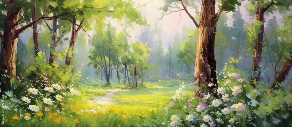 In the summer against the backdrop of a lush green forest a tree stood tall adorned with vibrant leaves and surrounded by a vibrant garden of colorful flowers The sun shone brightly casting  - obrazy, fototapety, plakaty 