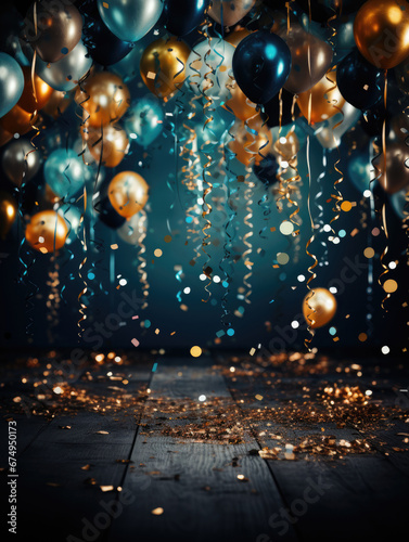 Vetrical background image with blue and gold colored balloons floating with ribbons hanging and confetti scattered on a wood plank floor