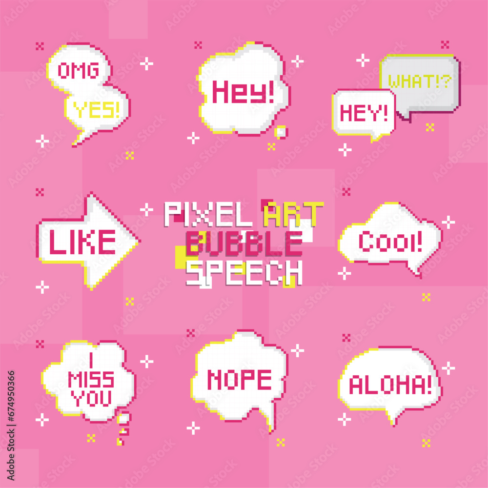 Set of pixel speech bubbles with a cartoon expression Vector