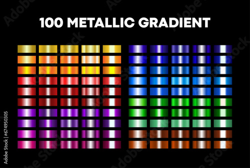 Set of 100 colorful metallic gradient. Vector isolated on black background.