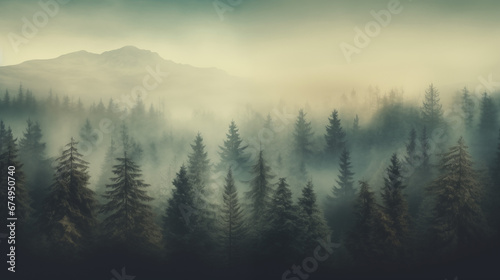 Misty Landscape With Fir Forest in Vintage Retro Style