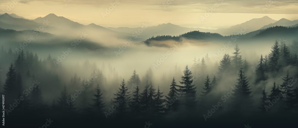 Fototapeta premium Misty Landscape With Fir Forest in Vintage Retro Style
