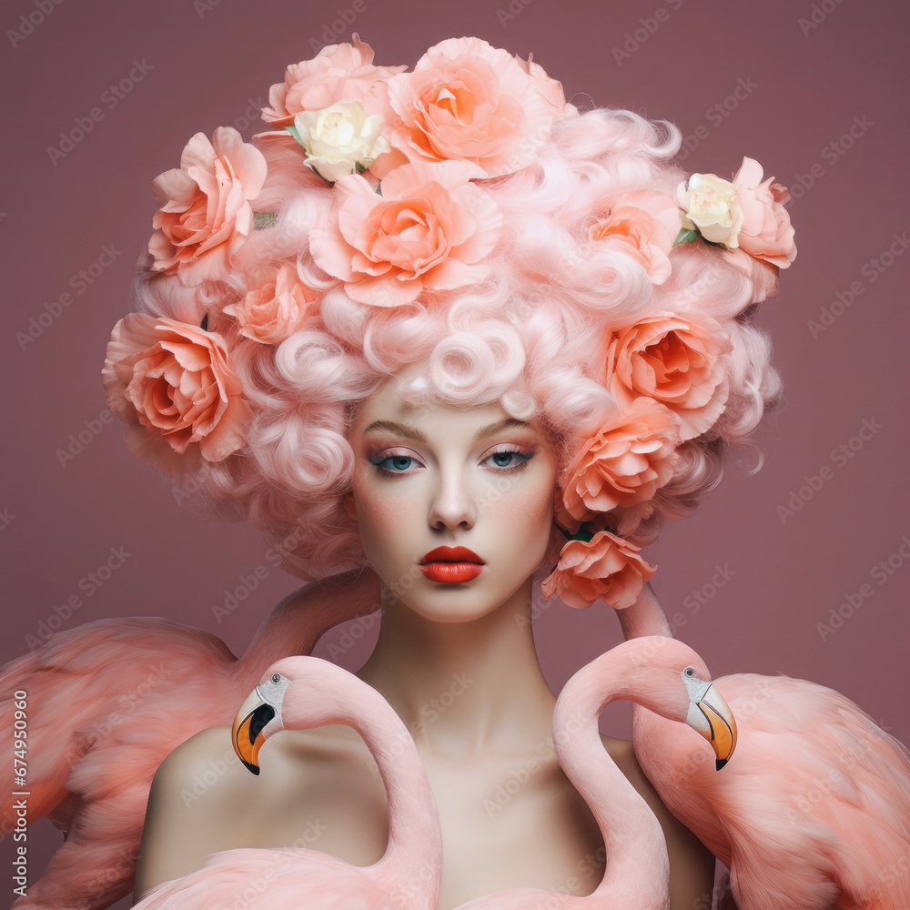 Exotic pastel pink animal and woman concept portrait, young beautiful girl and tropical elegant flamingo.