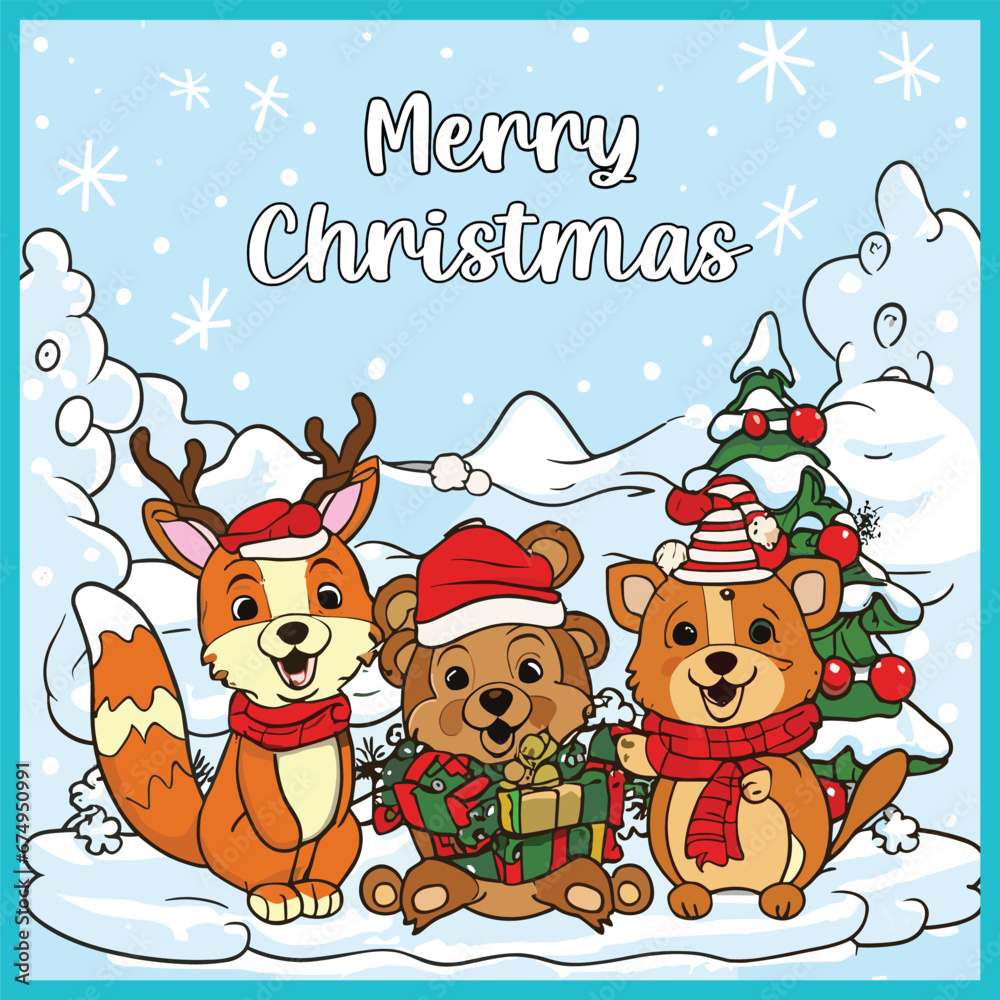 Merry Christmas cover animal coloring book cute small animals vector illustration