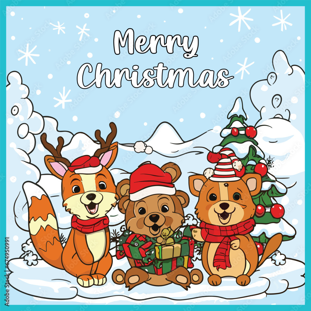 Merry Christmas cover animal coloring book cute small animals vector illustration Merry Christmas cover animal coloring book cute small animals vector illustration