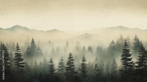 Misty Landscape With Fir Forest in Vintage Retro Style © Synaptic Studio
