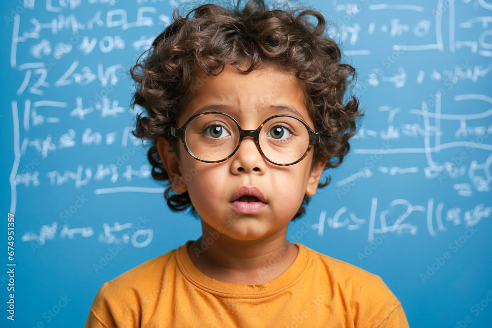 A curious young child with curly hair and round glasses standing in front of a chalkboard filled with mathematical equations. A curious young child with curly hair and round glasses standing in front of a chalkboard filled with mathematical equations.