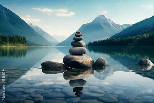 Photo of stones stacked in a beautiful lake with mountains in the background photo