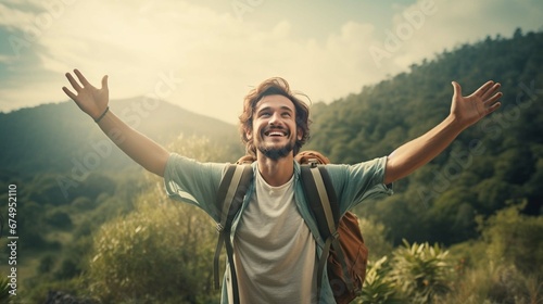 Happy man with arms outstretched standing outside - Delightful traveler with backpack enjoying summer trip