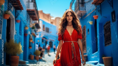 Young woman with red dress visiting the blue city Chefchaouen, Marocco - Happy tourist walking in Moroccan city © Ahtesham