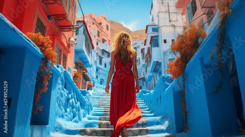 Young woman with red dress visiting the blue city Chefchaouen, Marocco - Happy tourist walking in Moroccan city photo