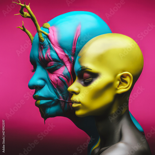 A young beauty and a lad, painted with vibrant colors on their faces. Bright hues, eccentric stylistic appearance, and positive energy.
