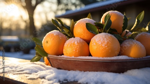 A bowl filled with oranges covered in snow