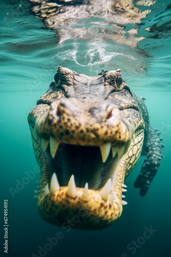 The head of an alligator looking up into the water