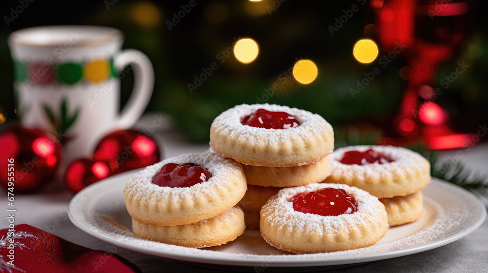 plate of cookies filled with strawberry jam, generative ai plate of cookies filled with strawberry jam, generative ai