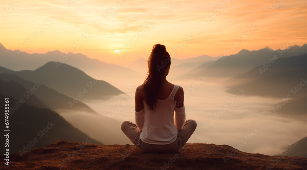 Young woman meditating at dawn on a mountain with panoramic views to improve her anxiety and stress levels and improve her concentration Young woman meditating at dawn on a mountain with panoramic views to improve her anxiety and stress levels and improve her concentration