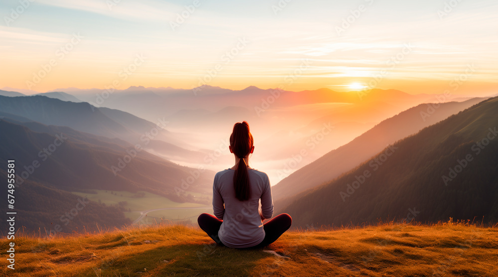 Young woman meditating at dawn on a mountain with panoramic views to improve her anxiety and stress levels and improve her concentration Young woman meditating at dawn on a mountain with panoramic views to improve her anxiety and stress levels and improve her concentration