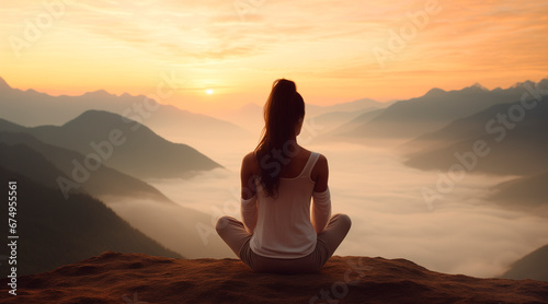 Young woman meditating at dawn on a mountain with panoramic views to improve her anxiety and stress levels and improve her concentration