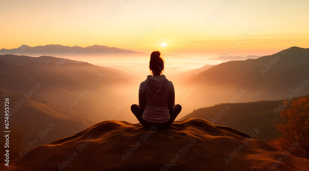 Young woman meditating at dawn on a mountain with panoramic views to improve her anxiety and stress levels and improve her concentration