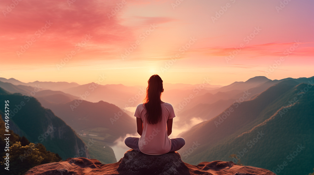 Young woman meditating at dawn on a mountain with panoramic views to improve her anxiety and stress levels and improve her concentration