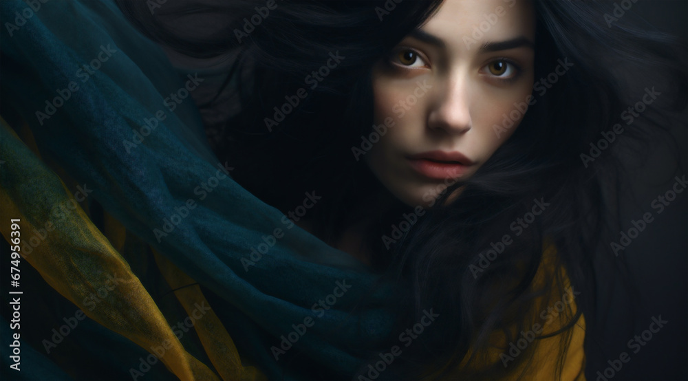 Dark, dramatic studio portrait of a woman wearing blue and yellow clothing. Mysterious and alluring.